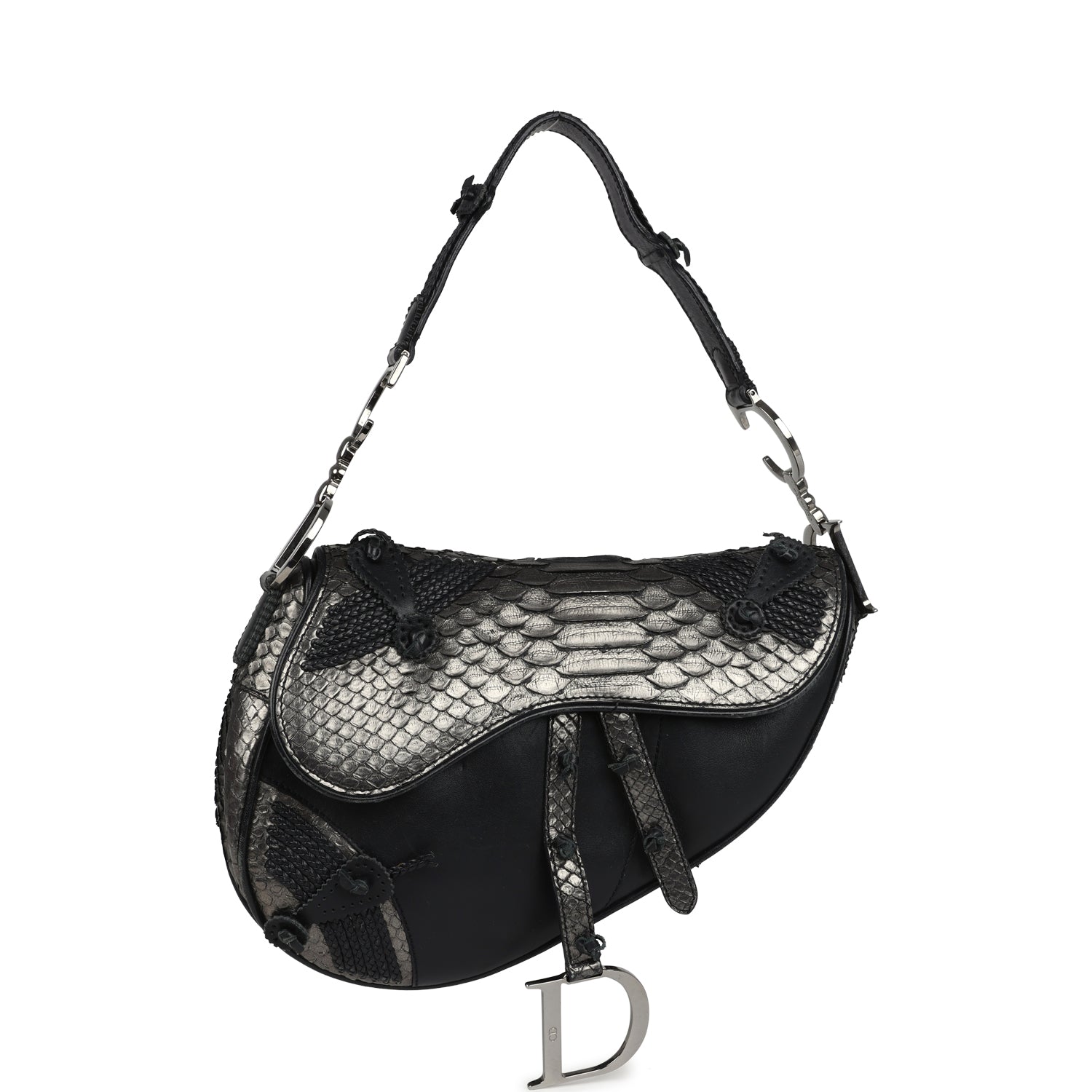Dior Christian Saddle Bag Gunmetal And Hardware Leather Python Black Shoulder Bag