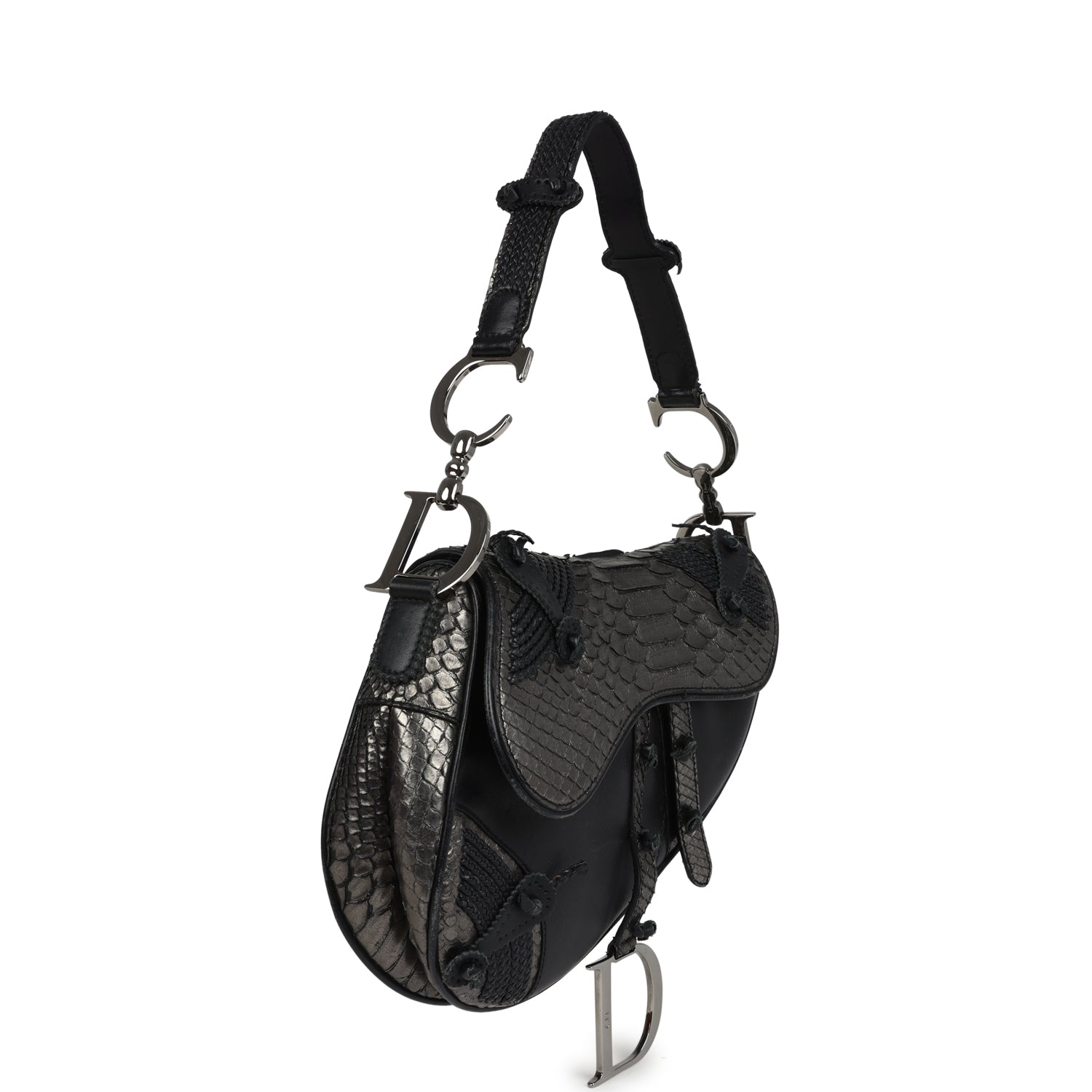 Dior Christian Saddle Bag Gunmetal And Hardware Leather Python Black Shoulder Bag