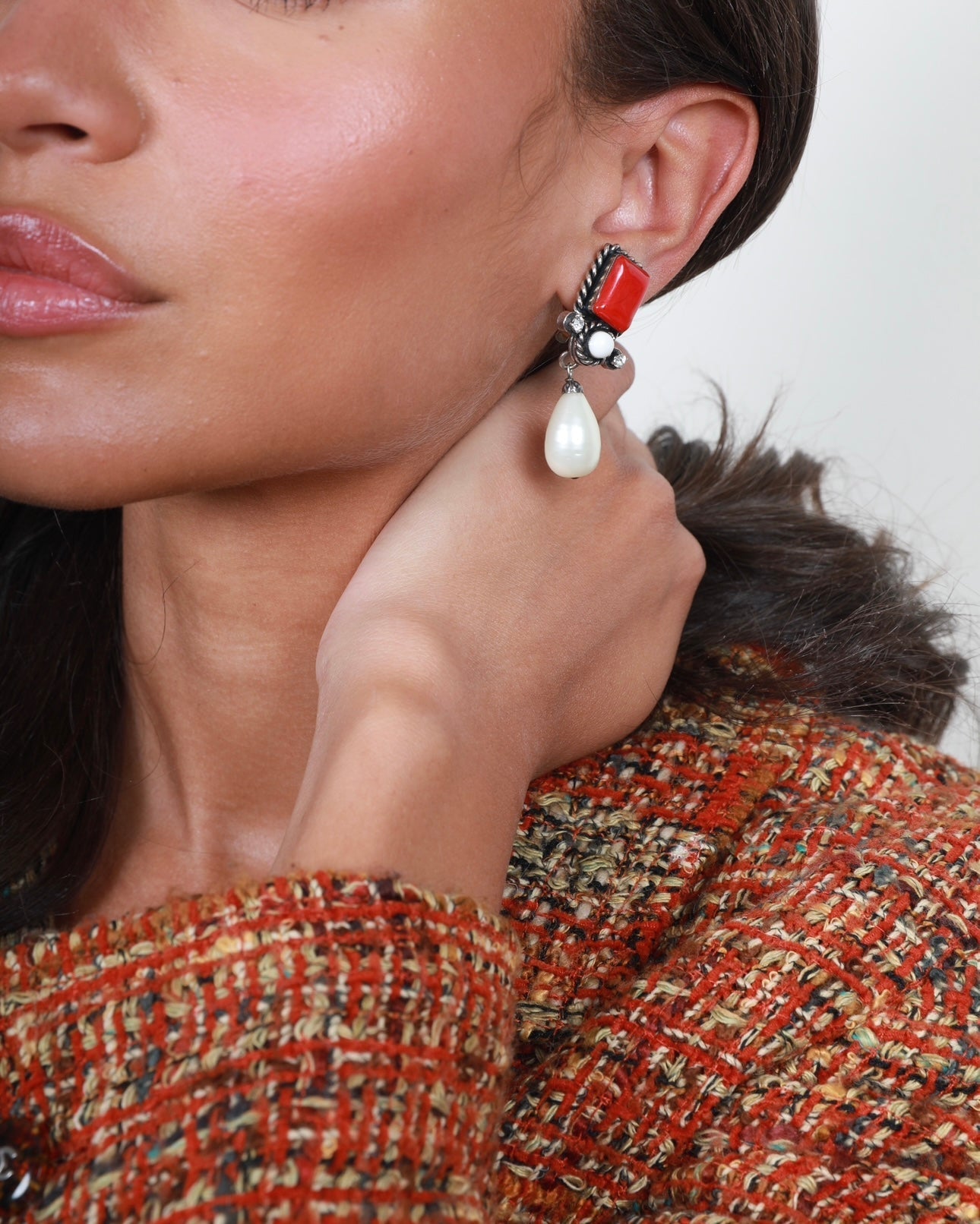 Chanel Silver Red, Crystal Pearl Drop Detail Clip-On Earrings Jewelry