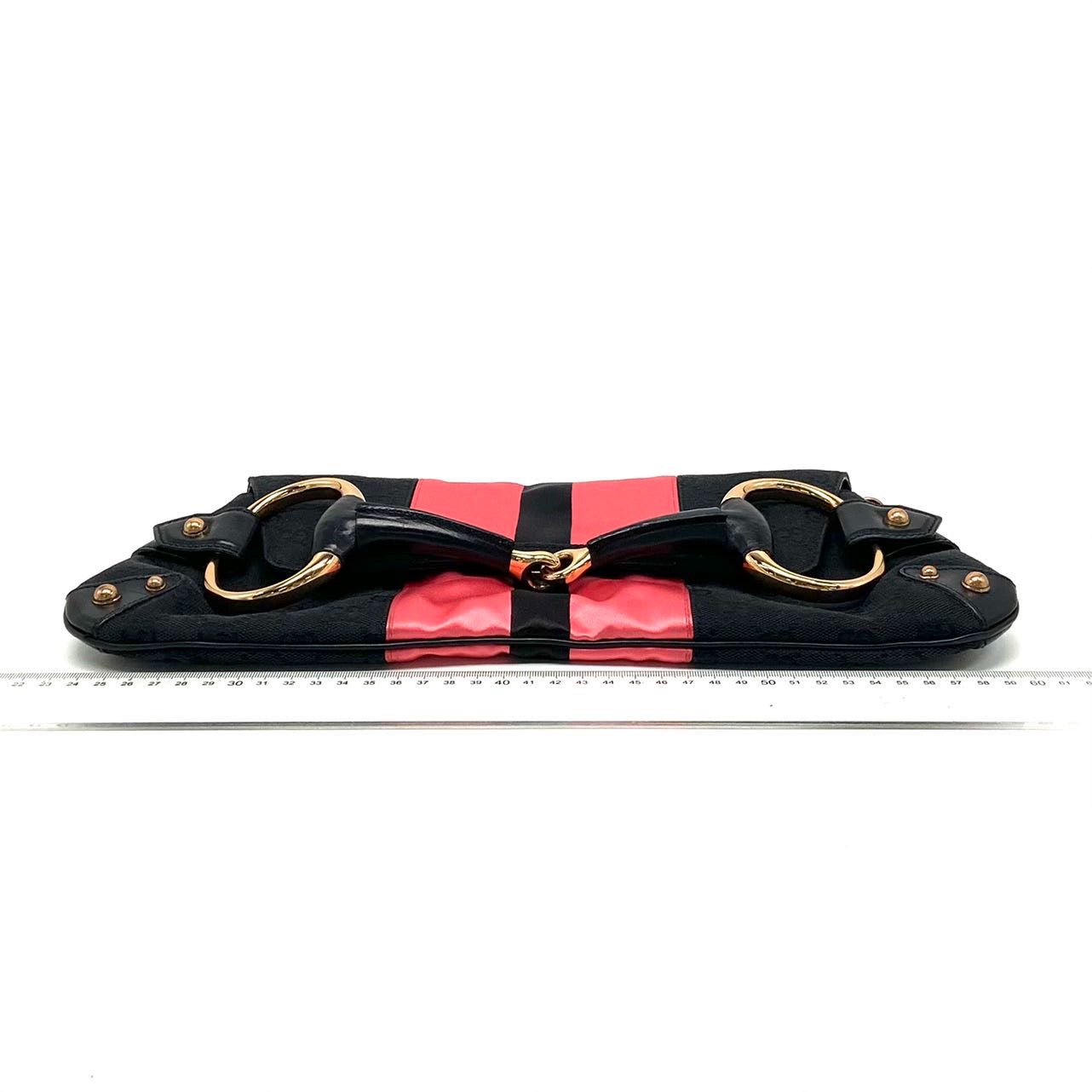 Gucci Horsebit Chain Silk Monogram Black Pink Large Shoulder Bag Silk 2