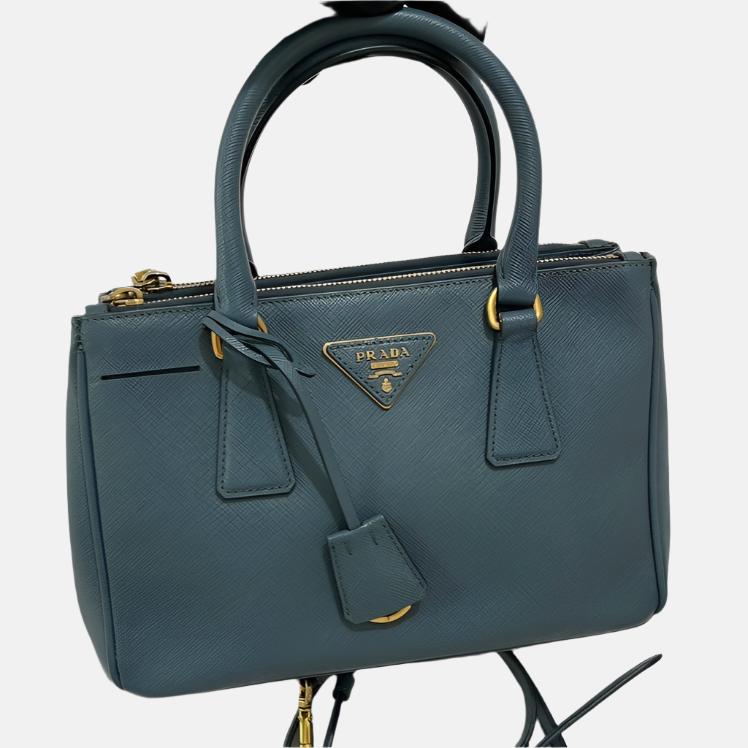 Prada Galleria Saffiano Grey Handbag With Strap Leather Blue Travel Bag