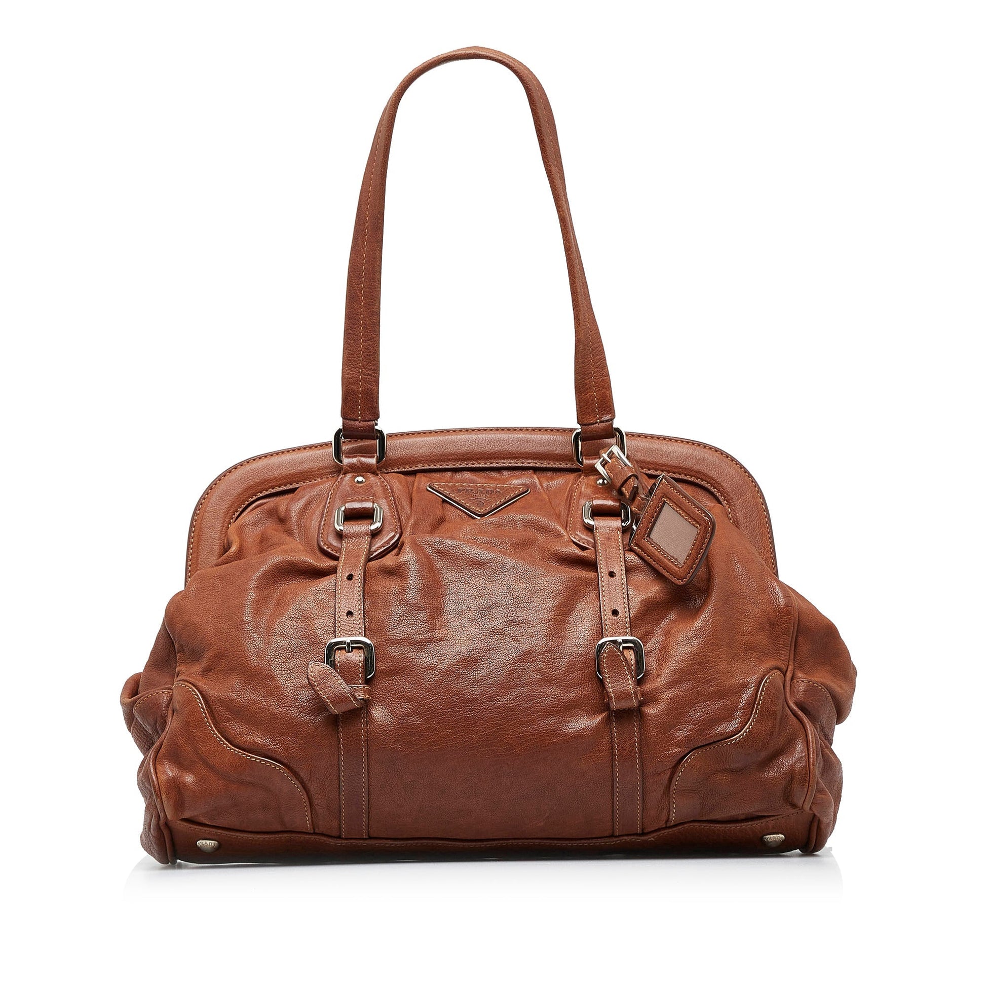 Prada Frame Tote Leather Brown Tote Bag