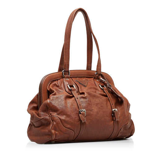 Prada Frame Tote Leather Brown Tote Bag