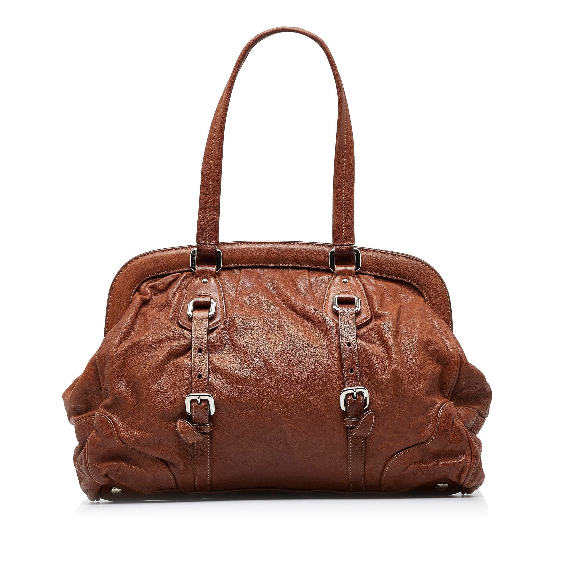 Prada Frame Tote Leather Brown Tote Bag