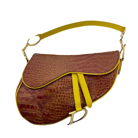 Dior Saddle Crocodile Embossed Handbag Leather Brown Travel Bag