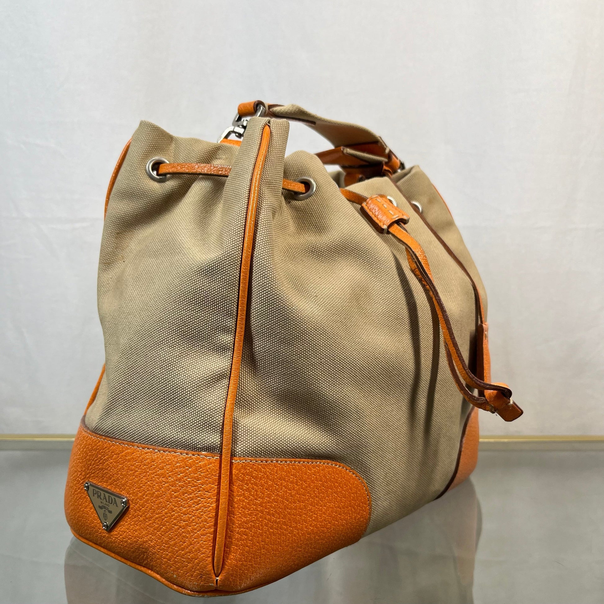 Prada Drawstring Bags Leather Canvas Orange Bucket Bag