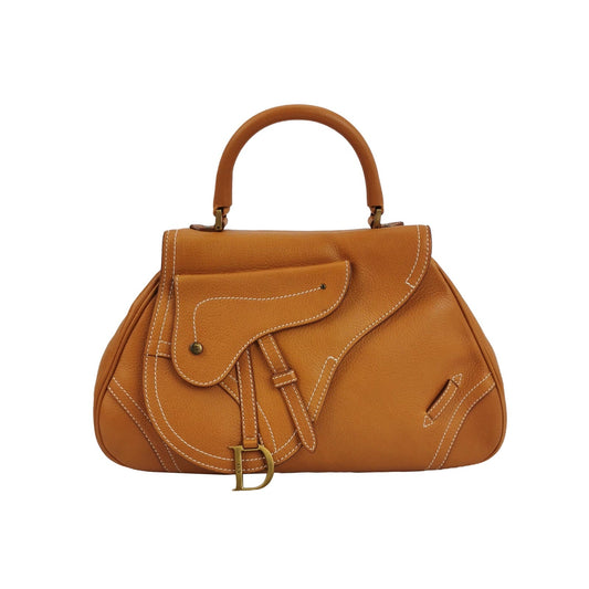 Dior Top Handle Saddle Bag Cognac Calfskin Leather Brown Travel Bag