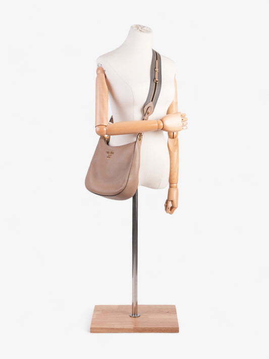 Prada Zipped Hobo Taupe Calfskin Leather Crossbody Bag
