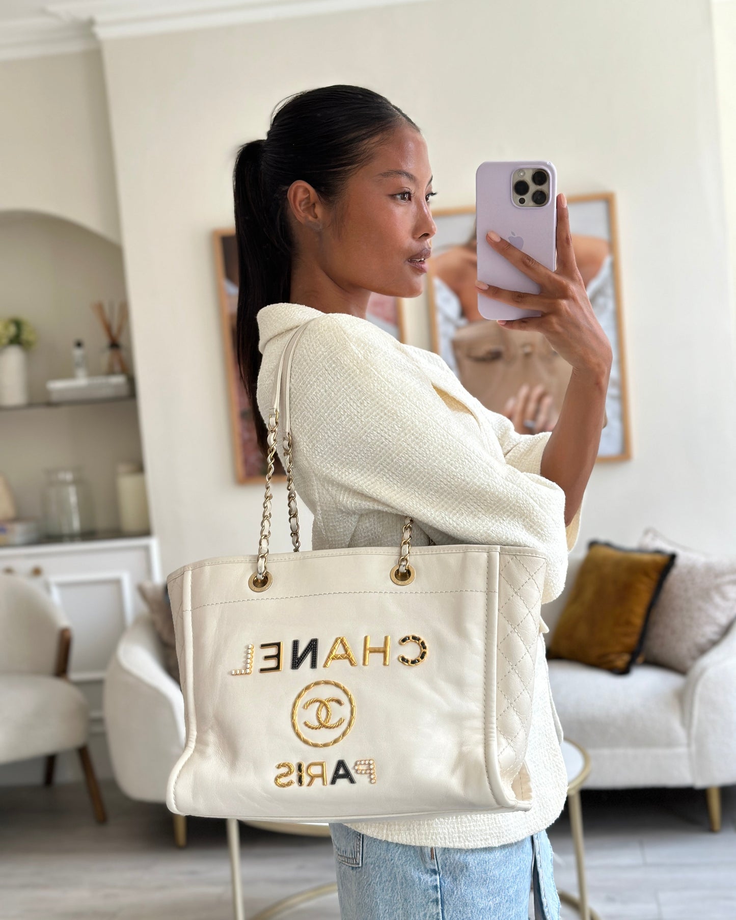Chanel *HOT* White Small Deauville Tote Bag in Aged Calfskin Leather with Antique Gold Hardware and Pearl, Crystal Logo Detail