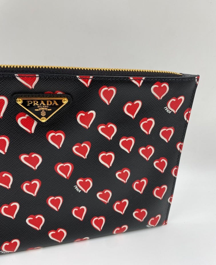 Prada Heart Print Clutch Bag Leather Saffiano