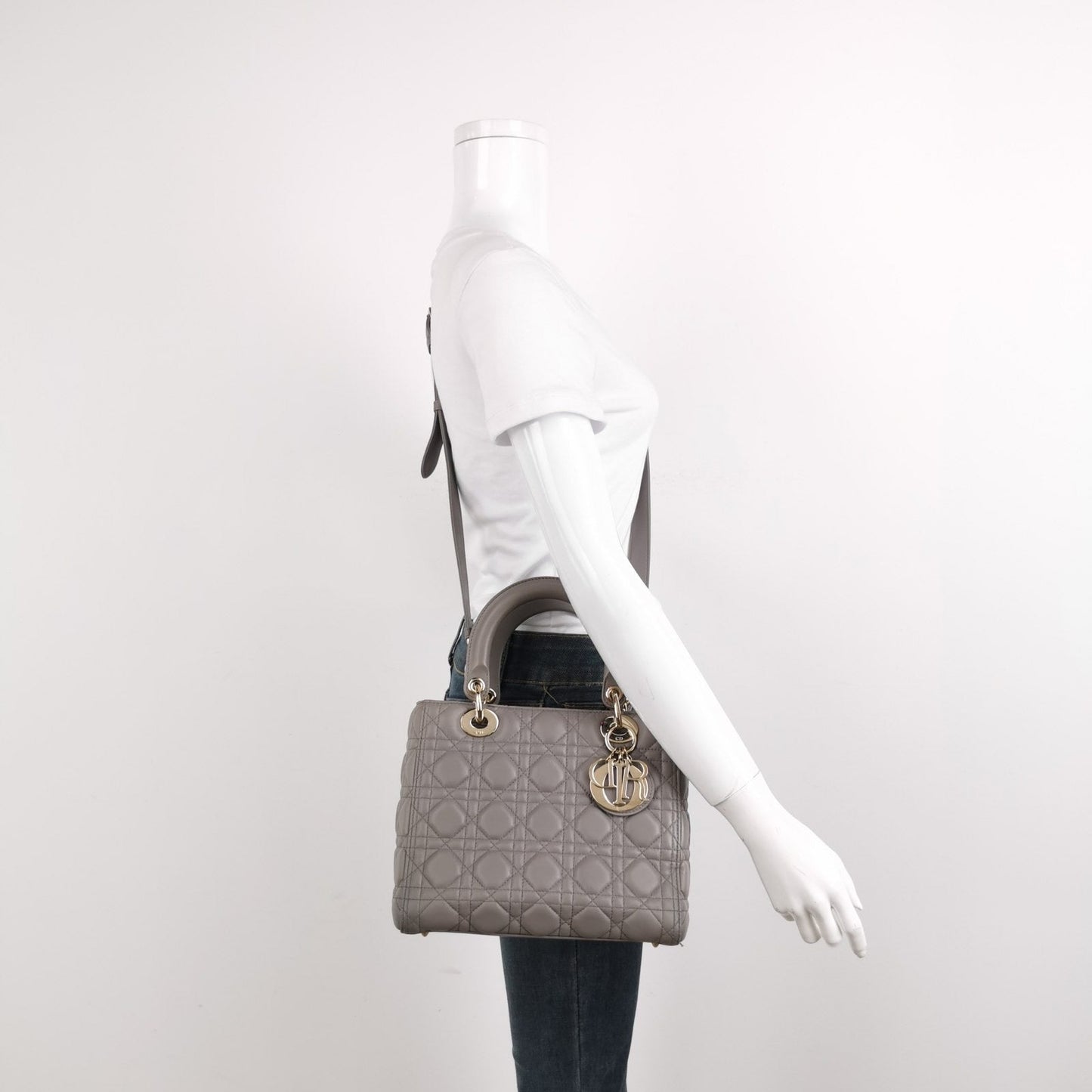 Dior Lady Grey Lambskin Cannage Handbag Abc Strap Leather Medium Travel Bag
