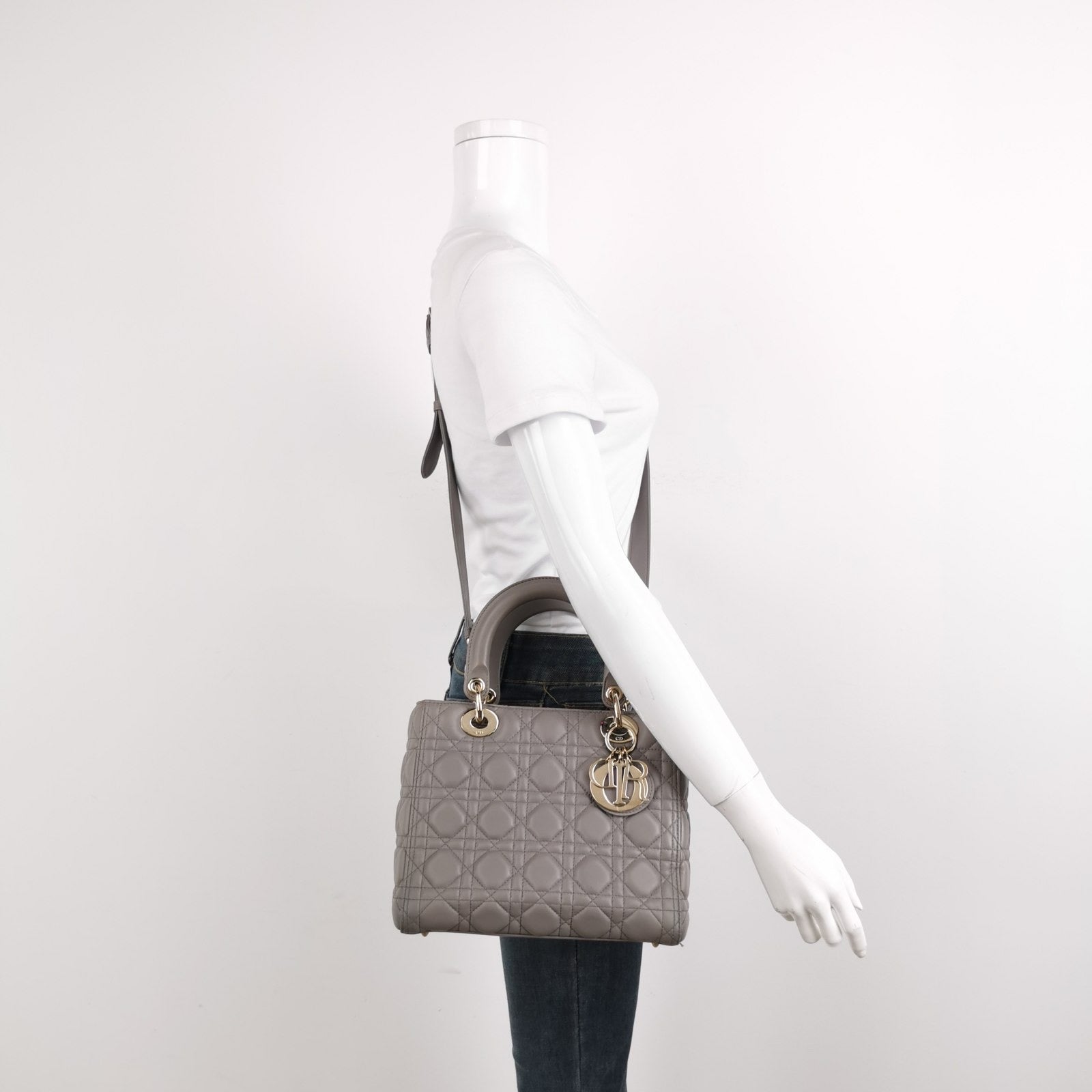 Dior Lady Grey Lambskin Cannage Handbag Abc Strap Leather Medium Travel Bag