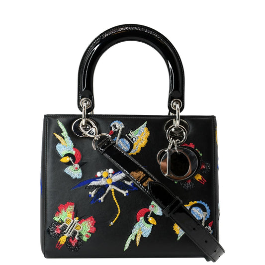 Dior Lady Embroidered Calfskin Shoulder Bag Black