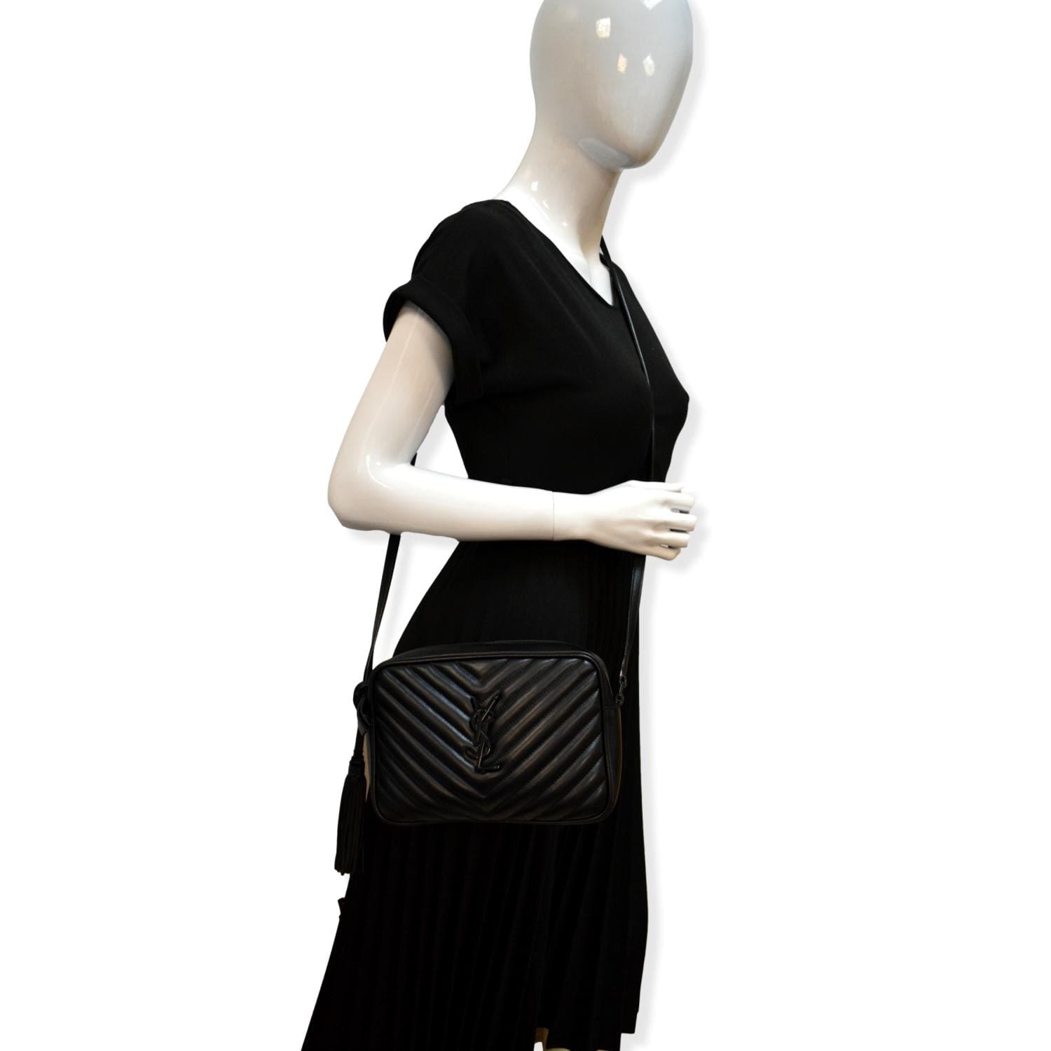 YSL Saint Laurent Yves Lou Chevron Camera Crossbody Bag Leather Black Loulou Camera Bag