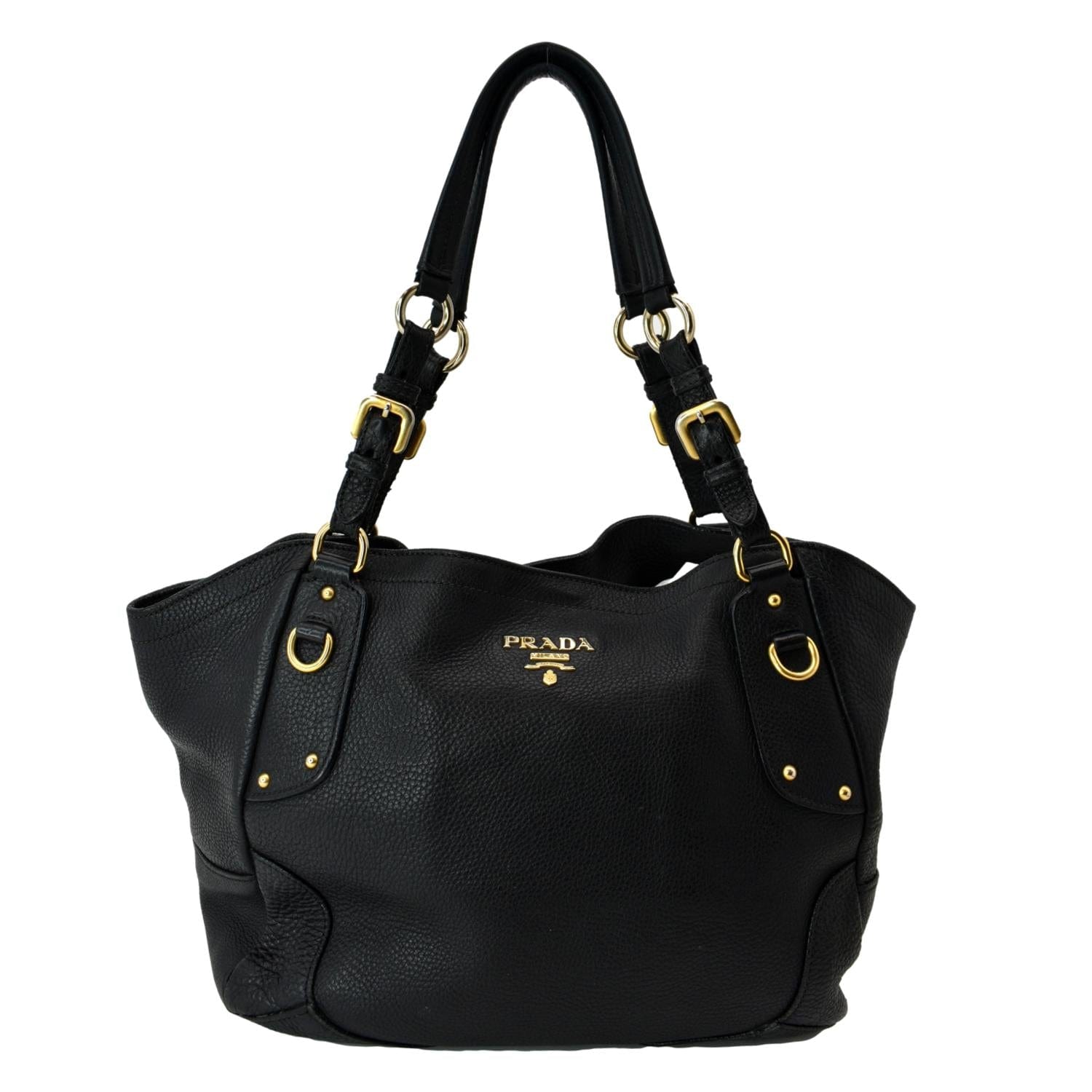 Prada Daino Pebbled Tote Bag Leather Vitello Black Shoulder Bag