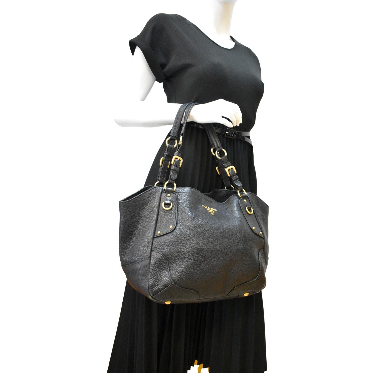 Prada Daino Pebbled Tote Bag Leather Vitello Black Shoulder Bag