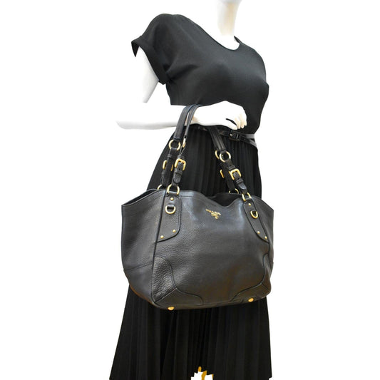 Prada Daino Pebbled Tote Bag Leather Vitello Black Shoulder Bag