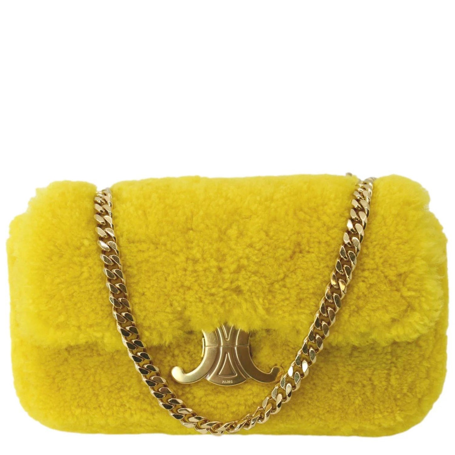 Triomphe Fluffy Shearling Shoulder Bag Yellow