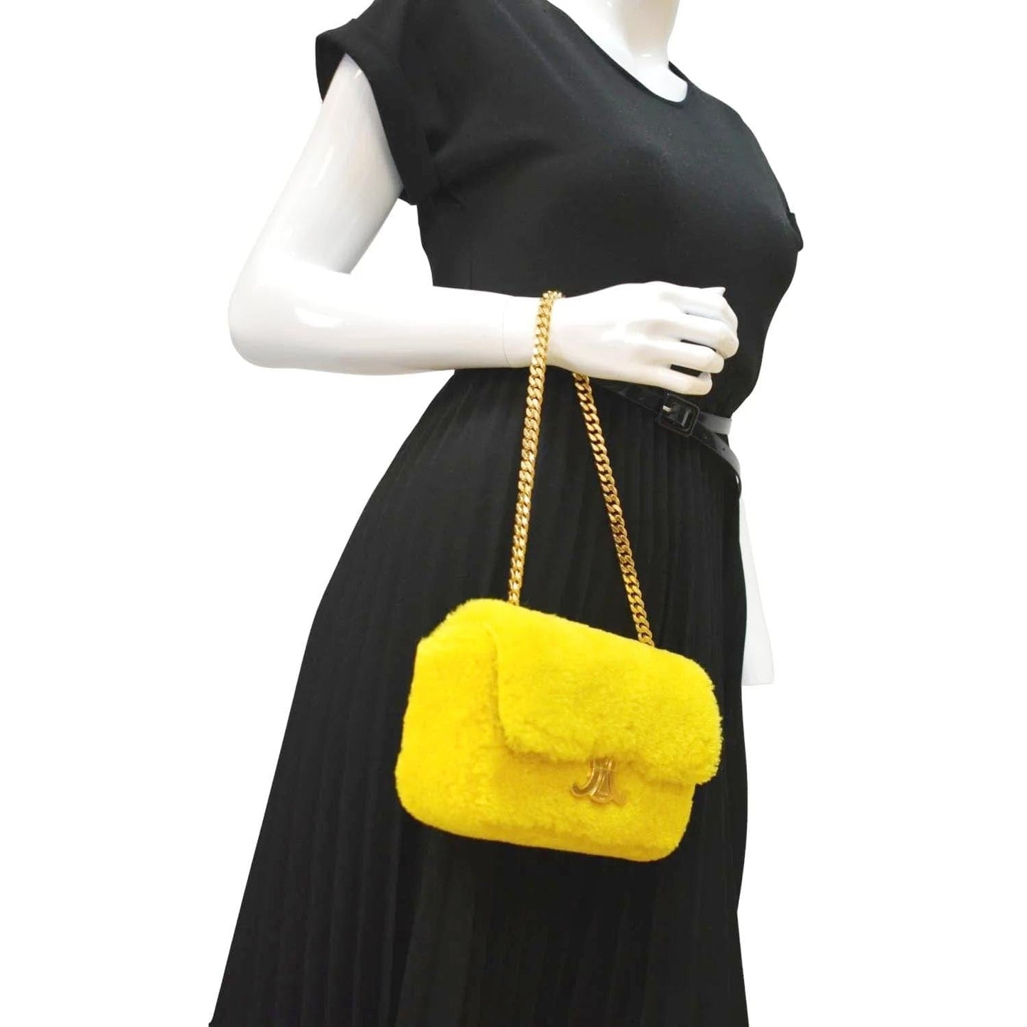 Triomphe Fluffy Shearling Shoulder Bag Yellow