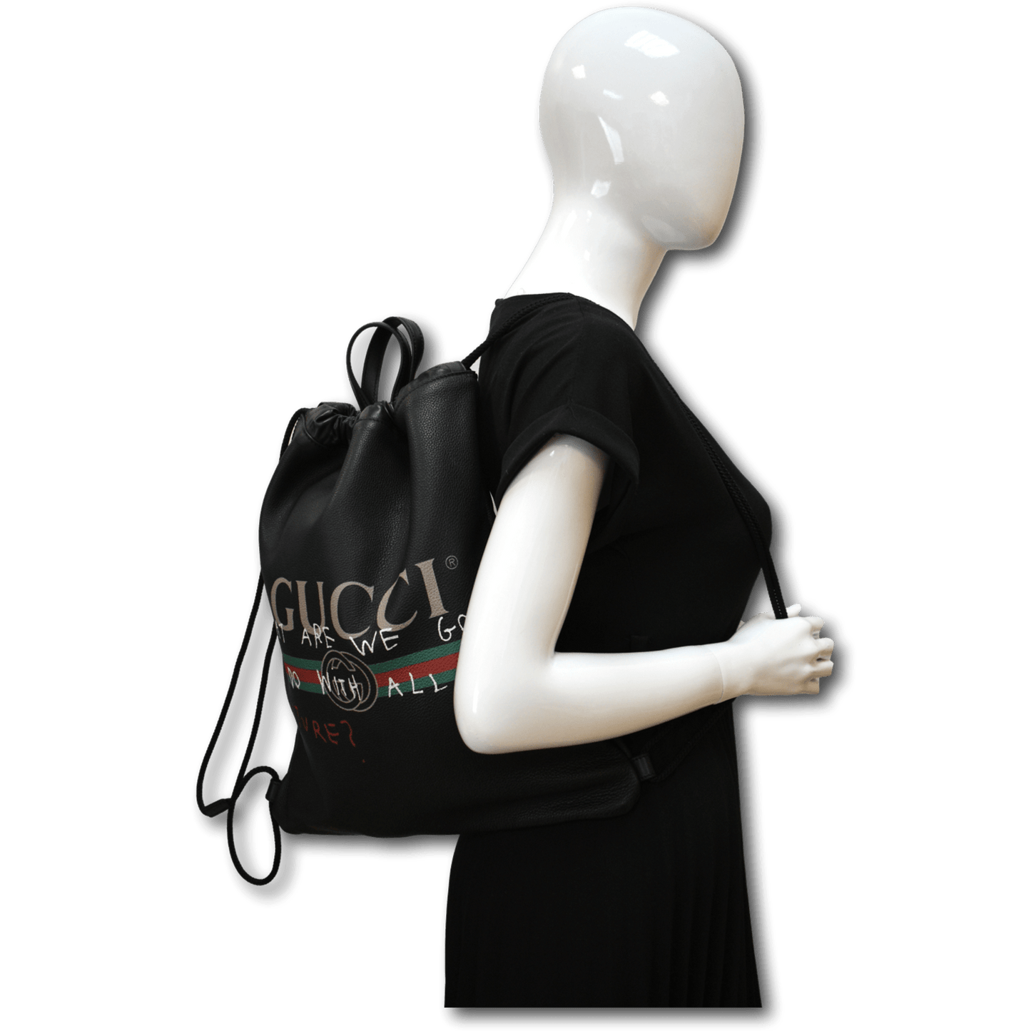Gucci Drawstring Print Backpack Bag Leather Black Jewelry