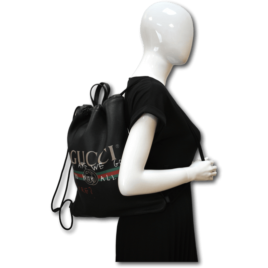 Gucci Drawstring Print Backpack Bag Leather Black Jewelry