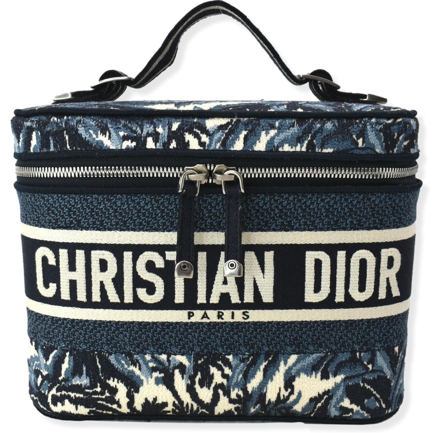 Dior travel Oblique Embroidery Vanity Case Handbag Blue Travel Bag