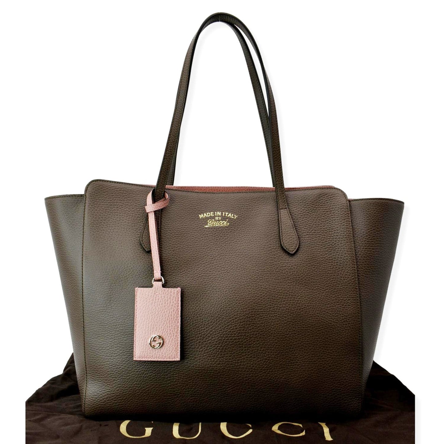 Gucci Swing Pebbled Tote Bag Taupe Leather Medium
