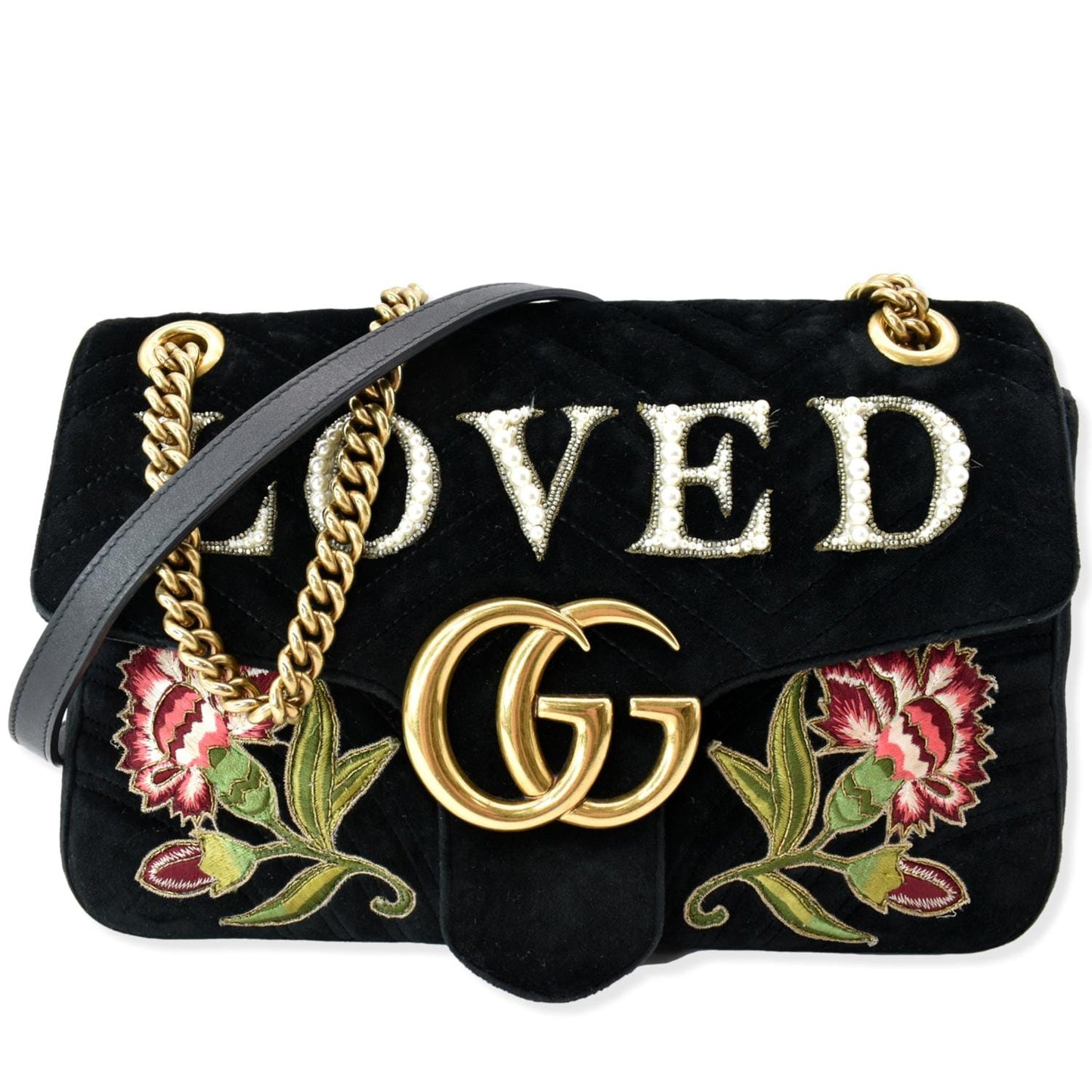 Gucci Blind For Love Marmont Embroidered Velvet Shoulder Black Shoulder Bag