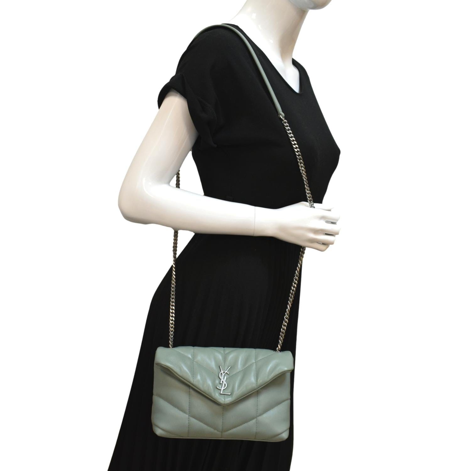 YSL Saint Laurent Yves Loulou Puffer Crossbody Bag Vert Opaline Leather Small