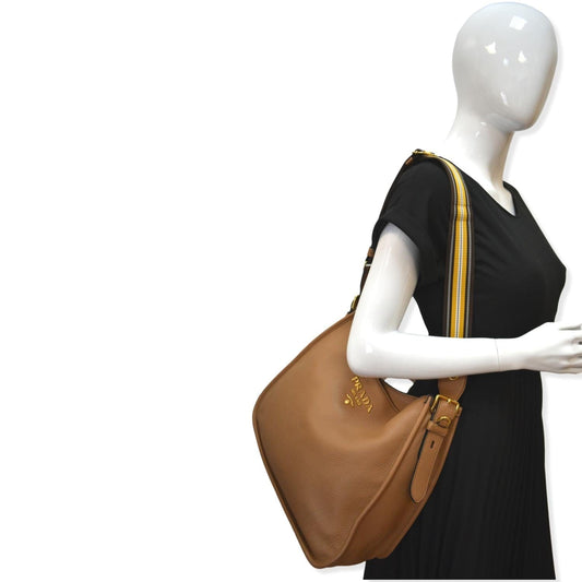 Prada Soft Hobo Shoulder Bag Taupe Off Leather Logo