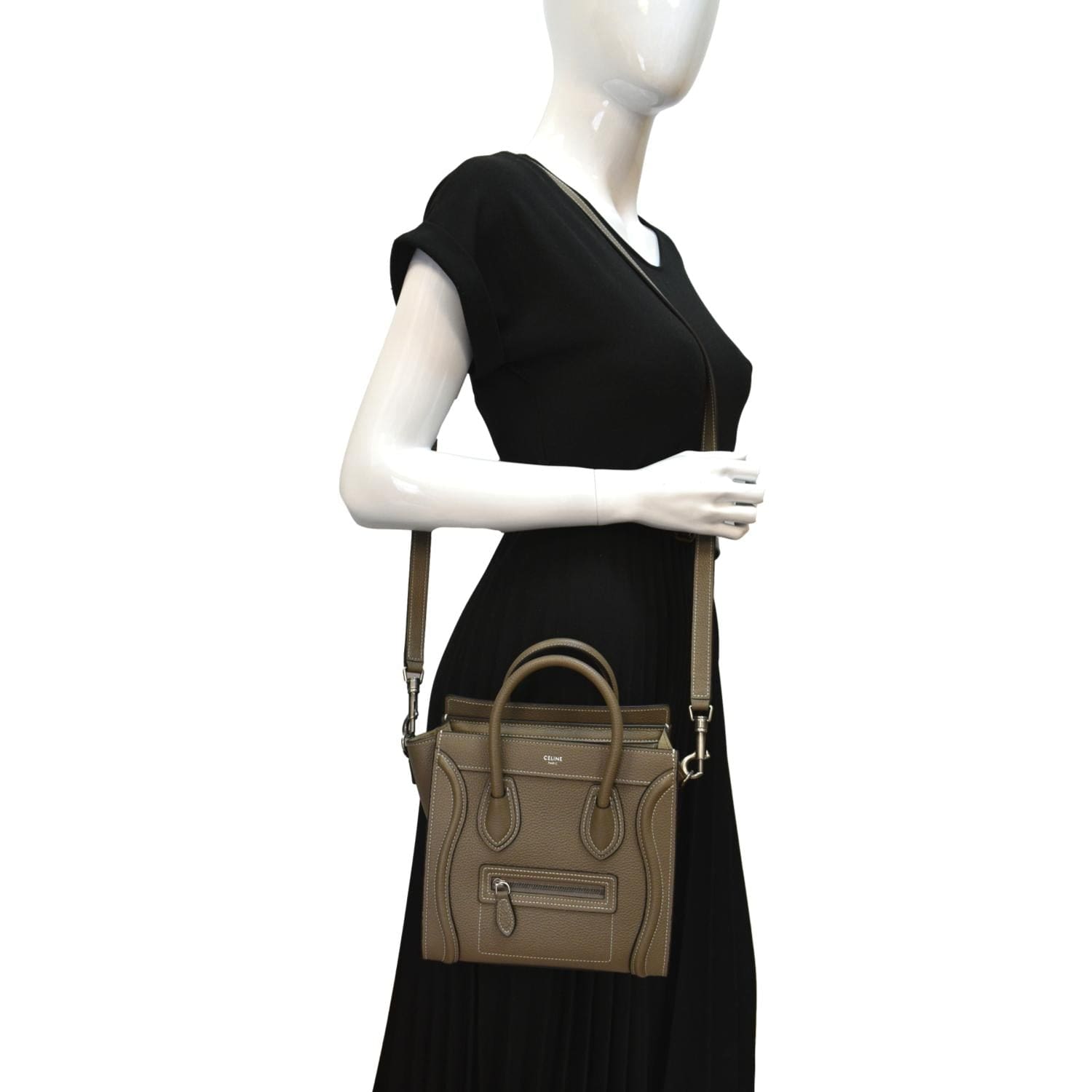 Nano Luggage Drummed Calfskin Shoulder Bag Khaki Leather
