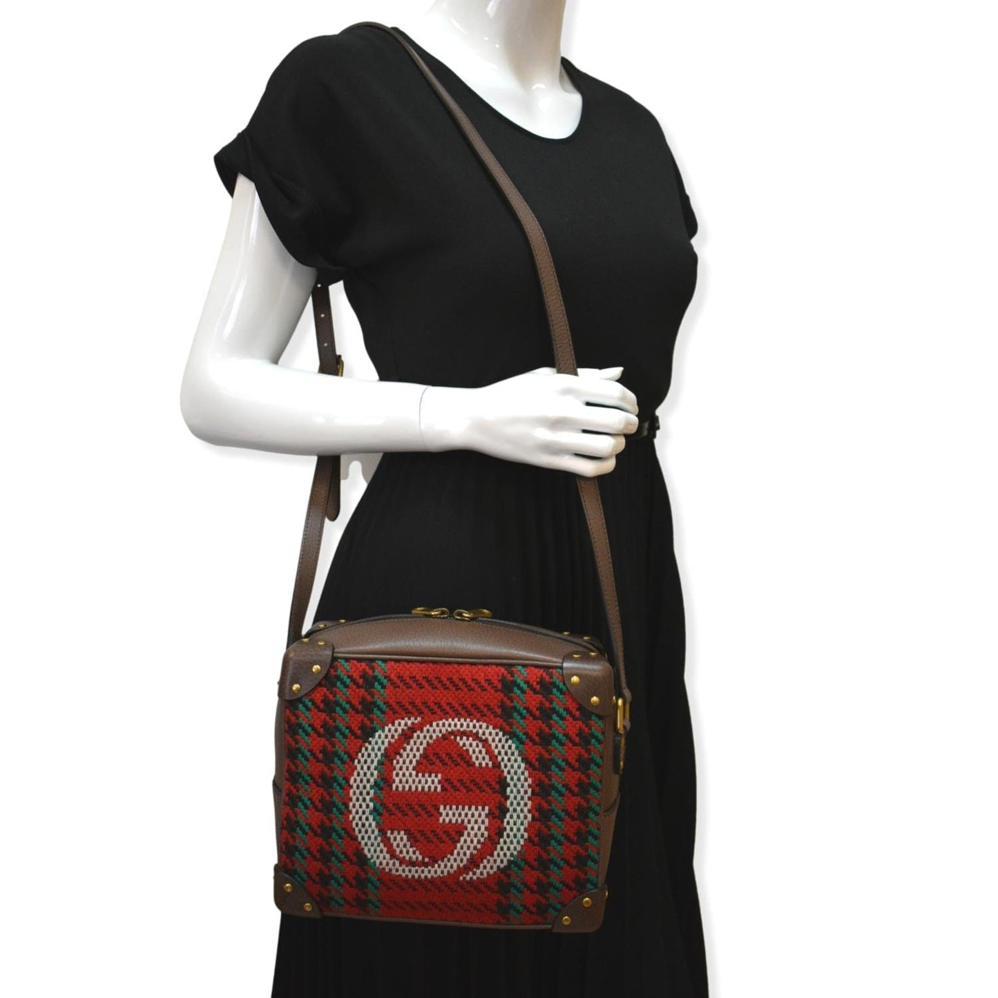 Gucci Houndstooth Stripe Interlocking Trunk Shoulder Bag Red