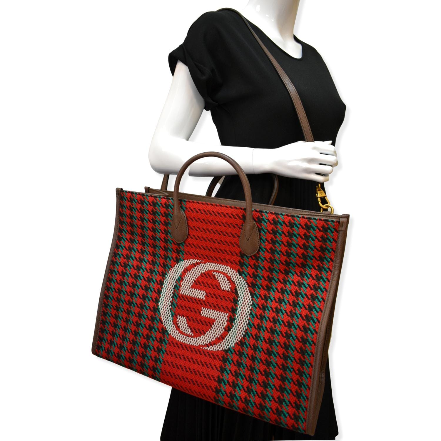 Gucci New Interlocking Houndstooth Stripe Shoulder Bag Red