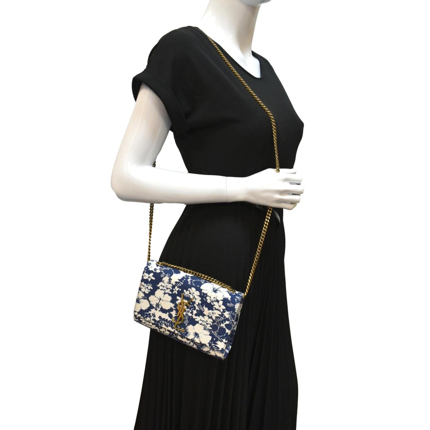 YSL Saint Laurent Saint Kate Floral Print Shoulder Bag Canvas Blue