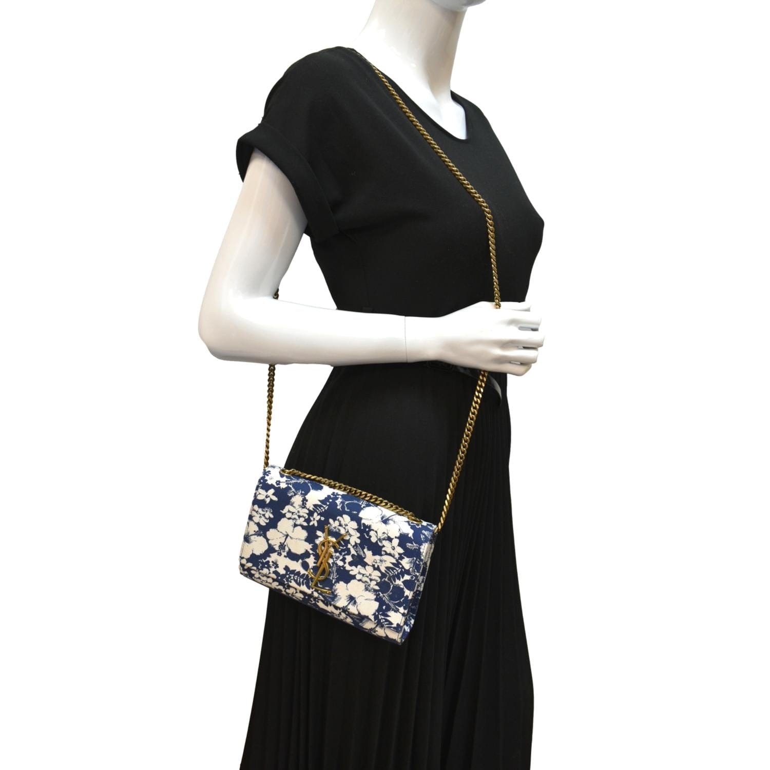 YSL Saint Laurent Saint Kate Floral Print Shoulder Bag Canvas Blue