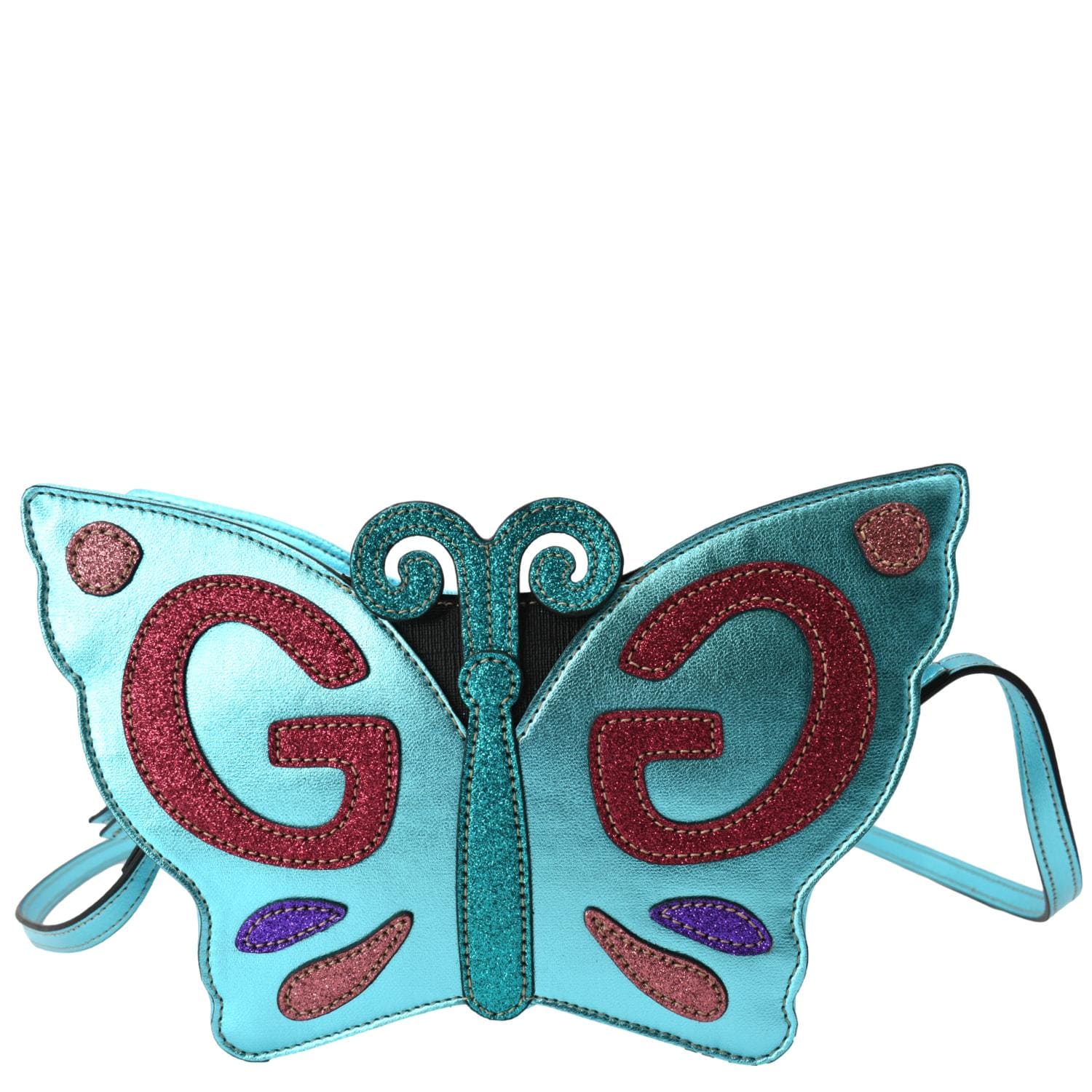 Gucci Kid Glitter Butterfly Shoulder Bag Metallic Leather Blue