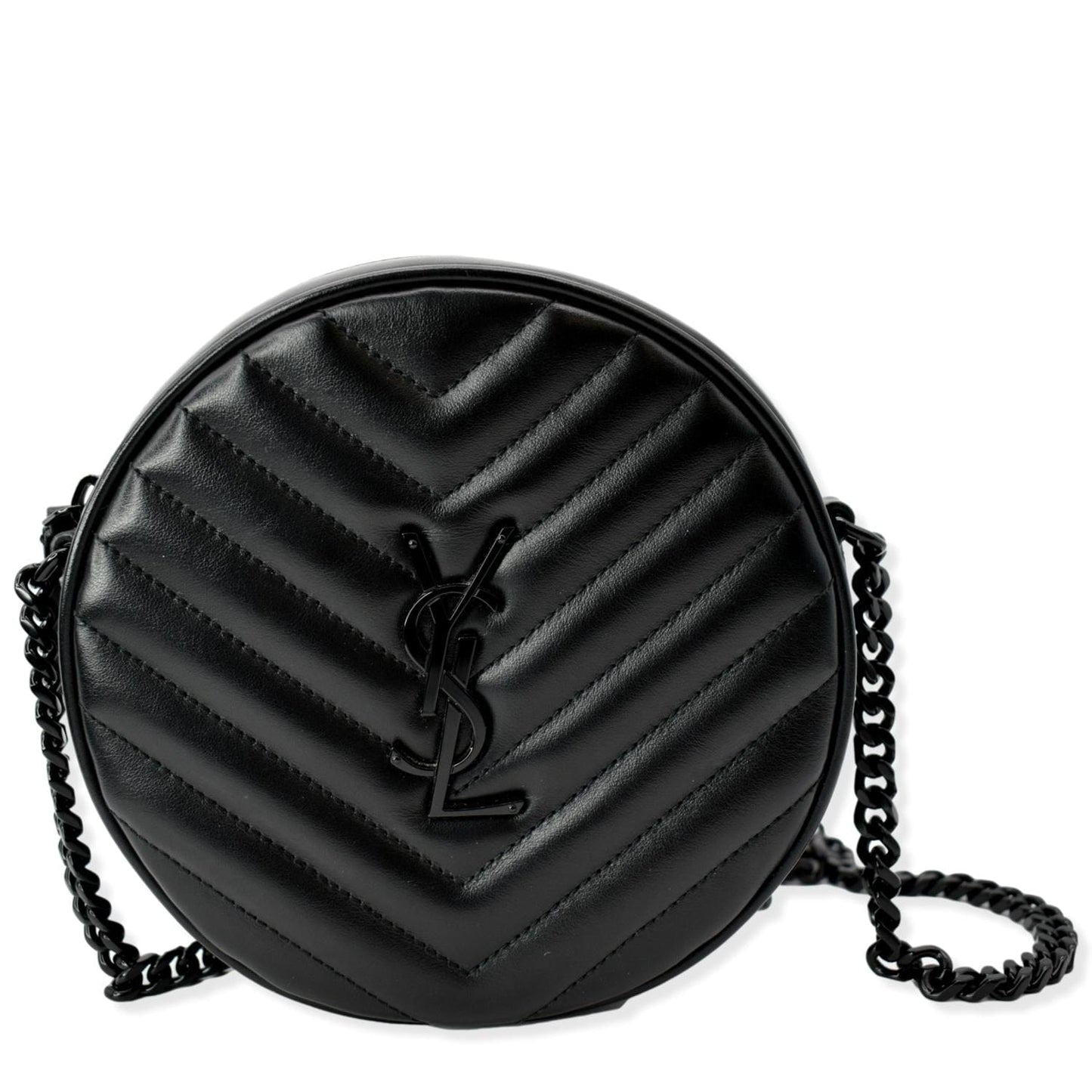 YSL Saint Laurent Saint Vinyle Round Chevron Camera Crossbody Bag Leather Black
