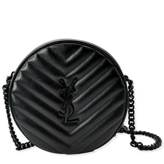 YSL Saint Laurent Saint Vinyle Round Chevron Camera Crossbody Bag Leather Black