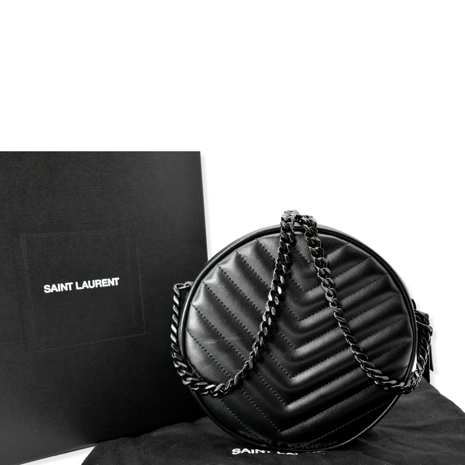 YSL Saint Laurent Yves Vinyle Round Chevron Camera Crossbody Bag Leather Black Laurent Vinyle Round
