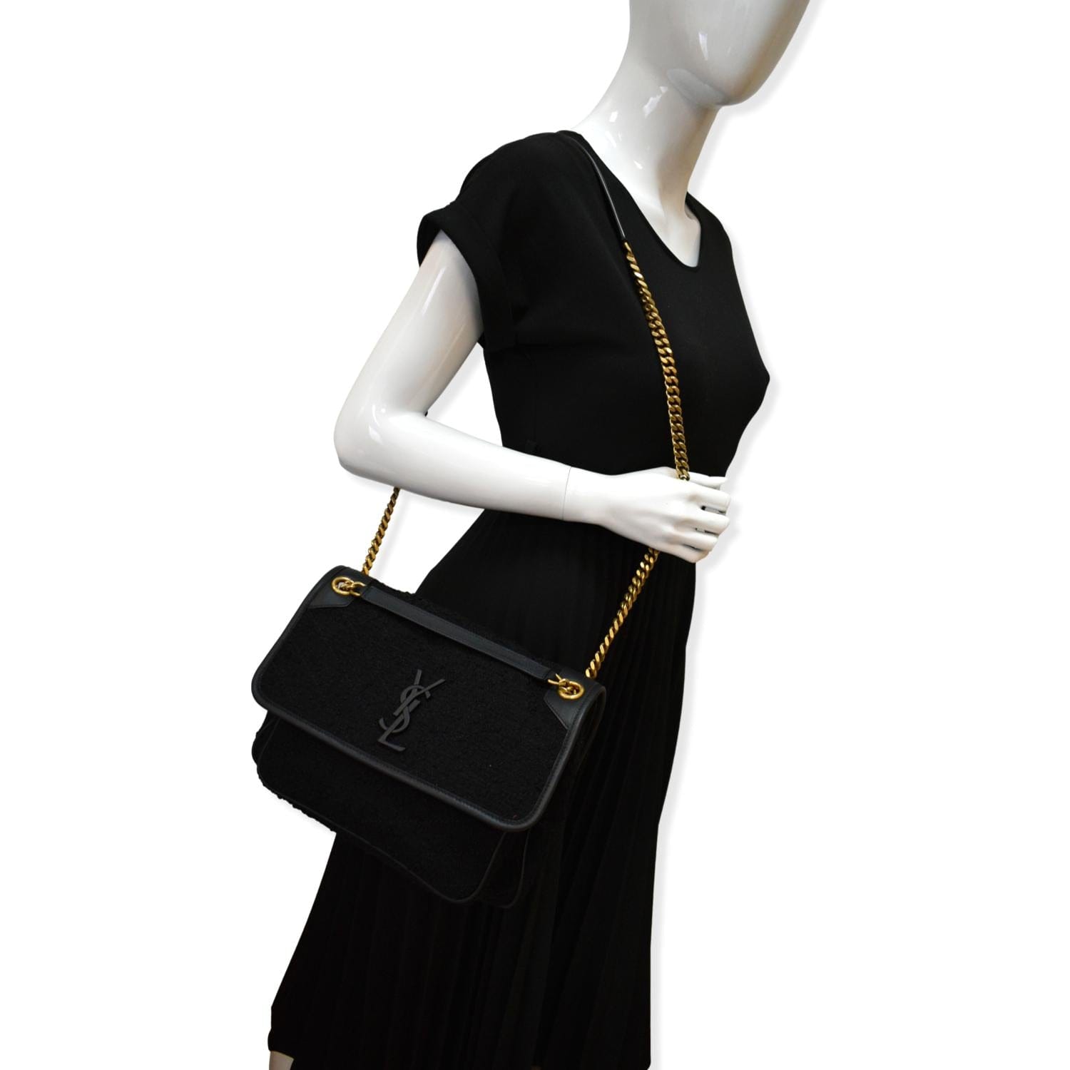 YSL Saint Laurent Yves Niki Tweed Shoulder Bag Black Medium