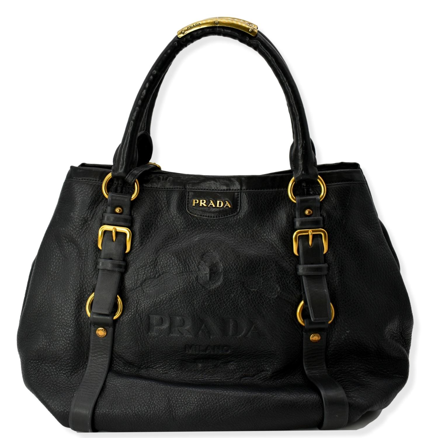 Vitello Daino Embossed Hobo Bag Leather Black Travel Bag