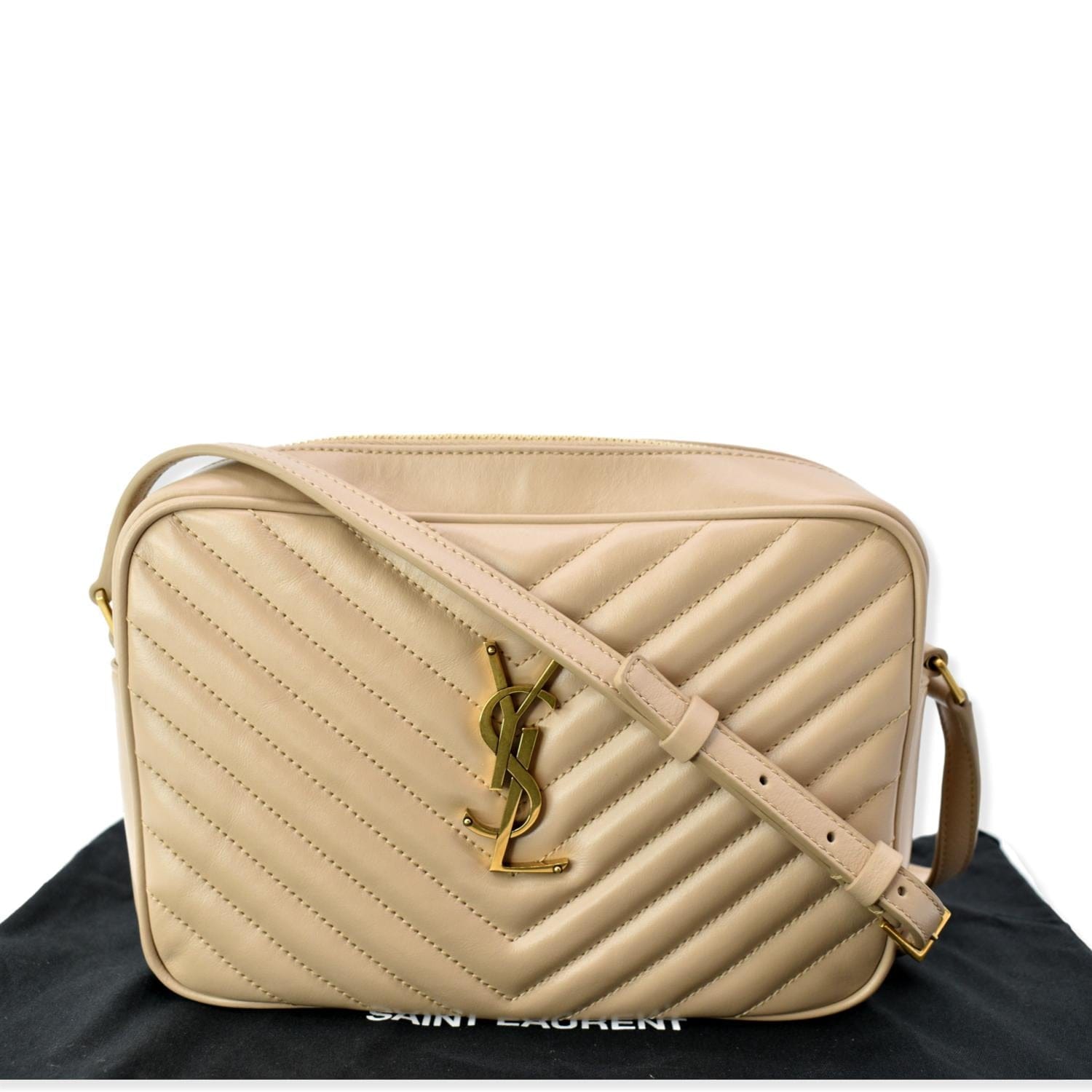 YSL Saint Laurent Yves Lou Camera Crossbody Bag Leather Beige