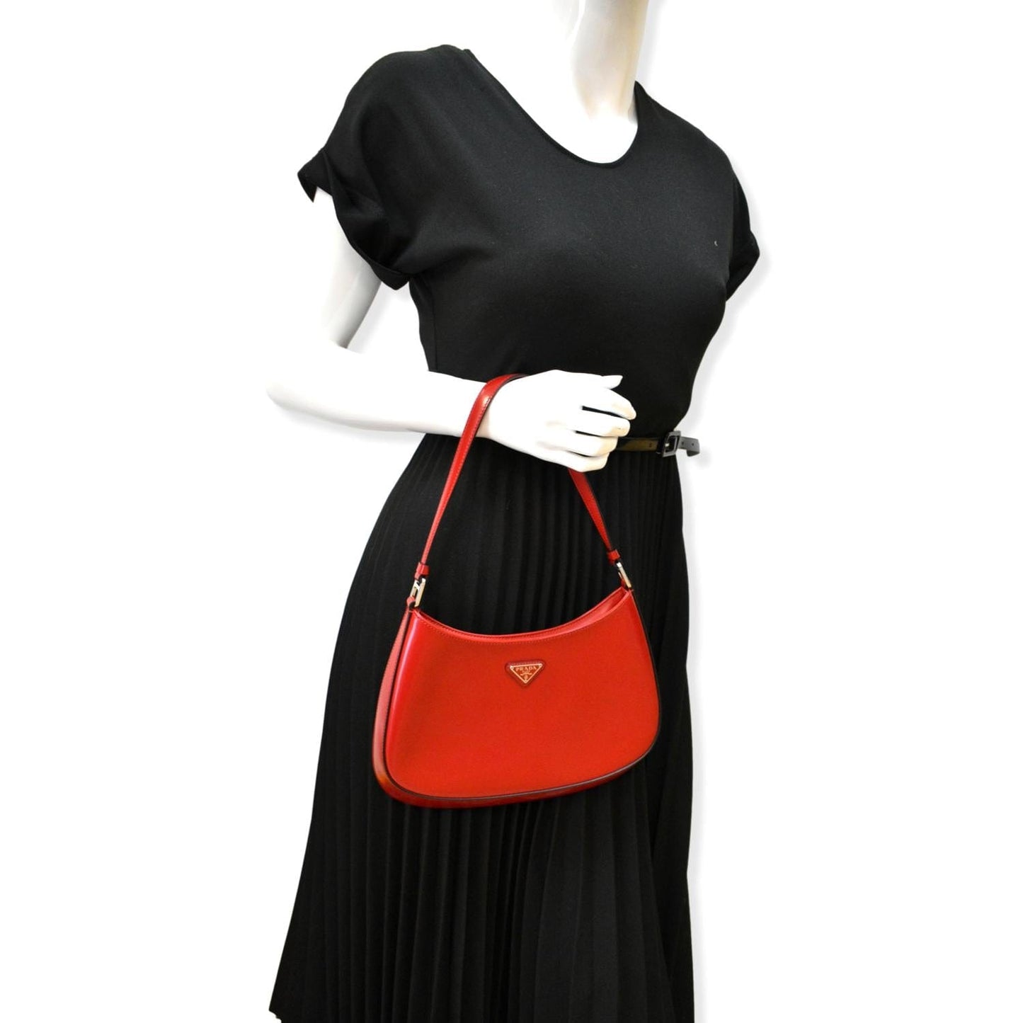 Prada Cleo Brushed Shoulder Bag Scarlet Leather