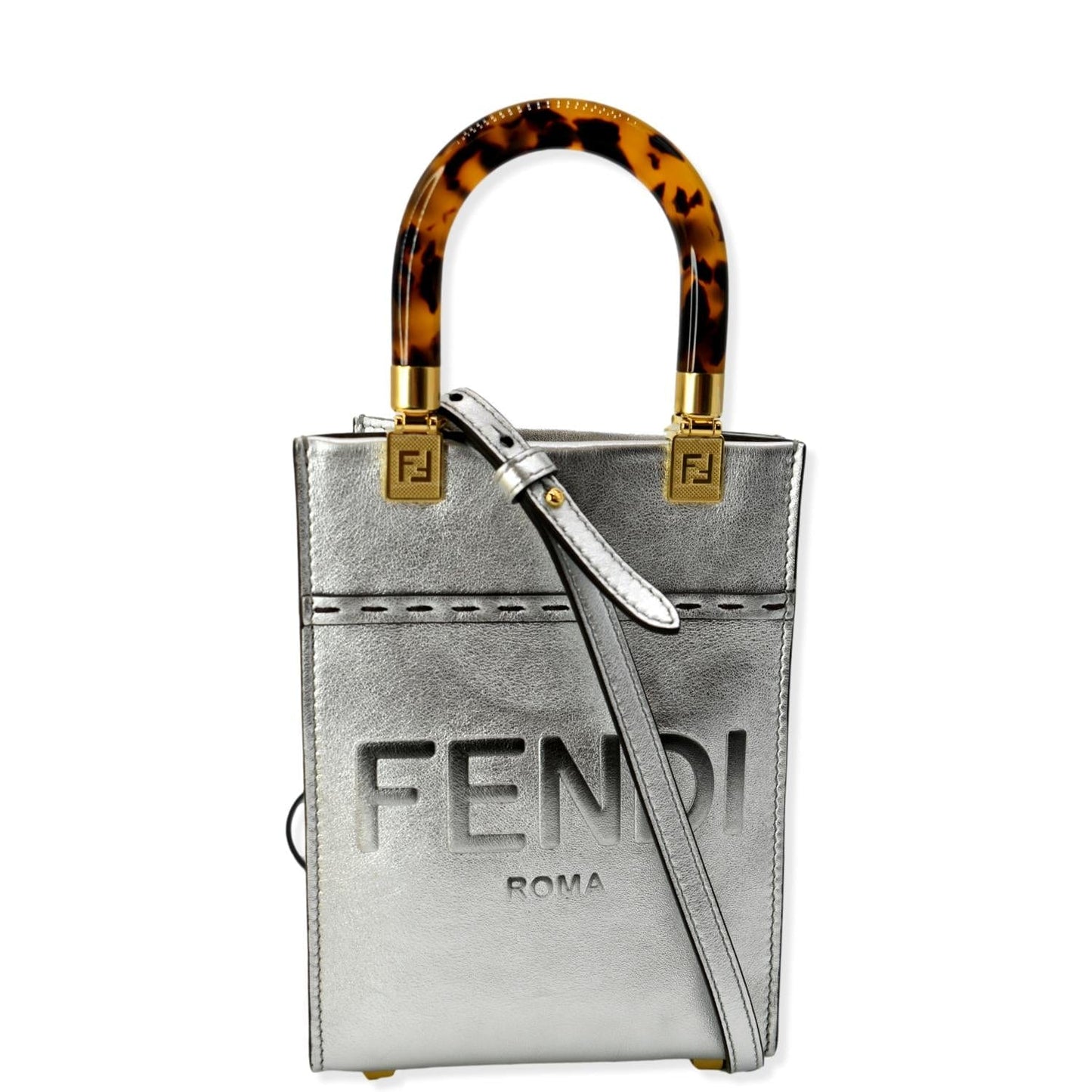 Fendi Sunshine Plexiglass Laminated Shopper Tote Crossbody Bag Leather Silver