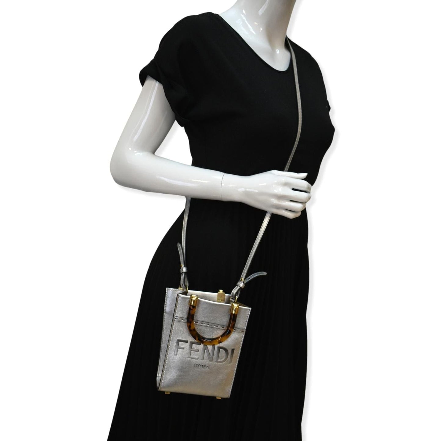 Fendi Sunshine Plexiglass Laminated Shopper Tote Crossbody Bag Leather Silver
