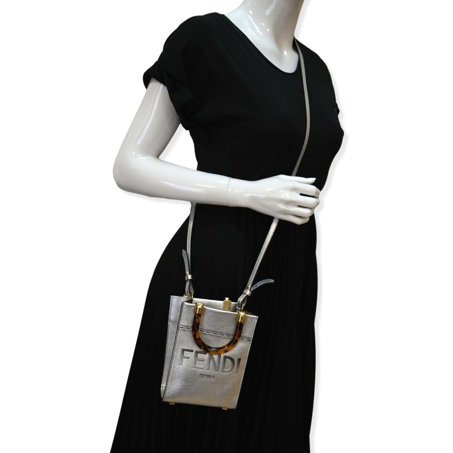 Fendi Sunshine Plexiglass Laminated Shopper Tote Crossbody Bag Leather Silver