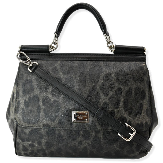 Dolce & Miss Sicily Leopard Print Shoulder Leather Black Shoulder Bag