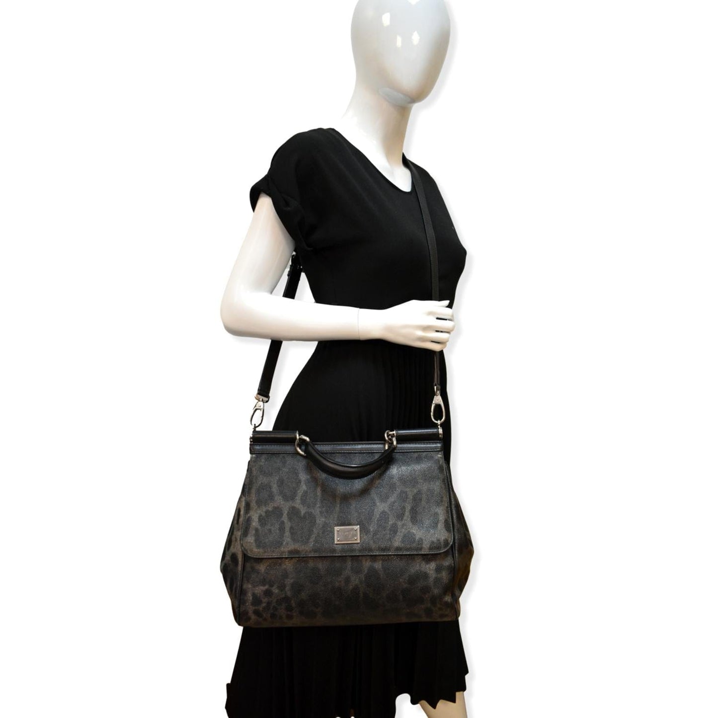 Dolce & Miss Sicily Leopard Print Shoulder Leather Black Shoulder Bag