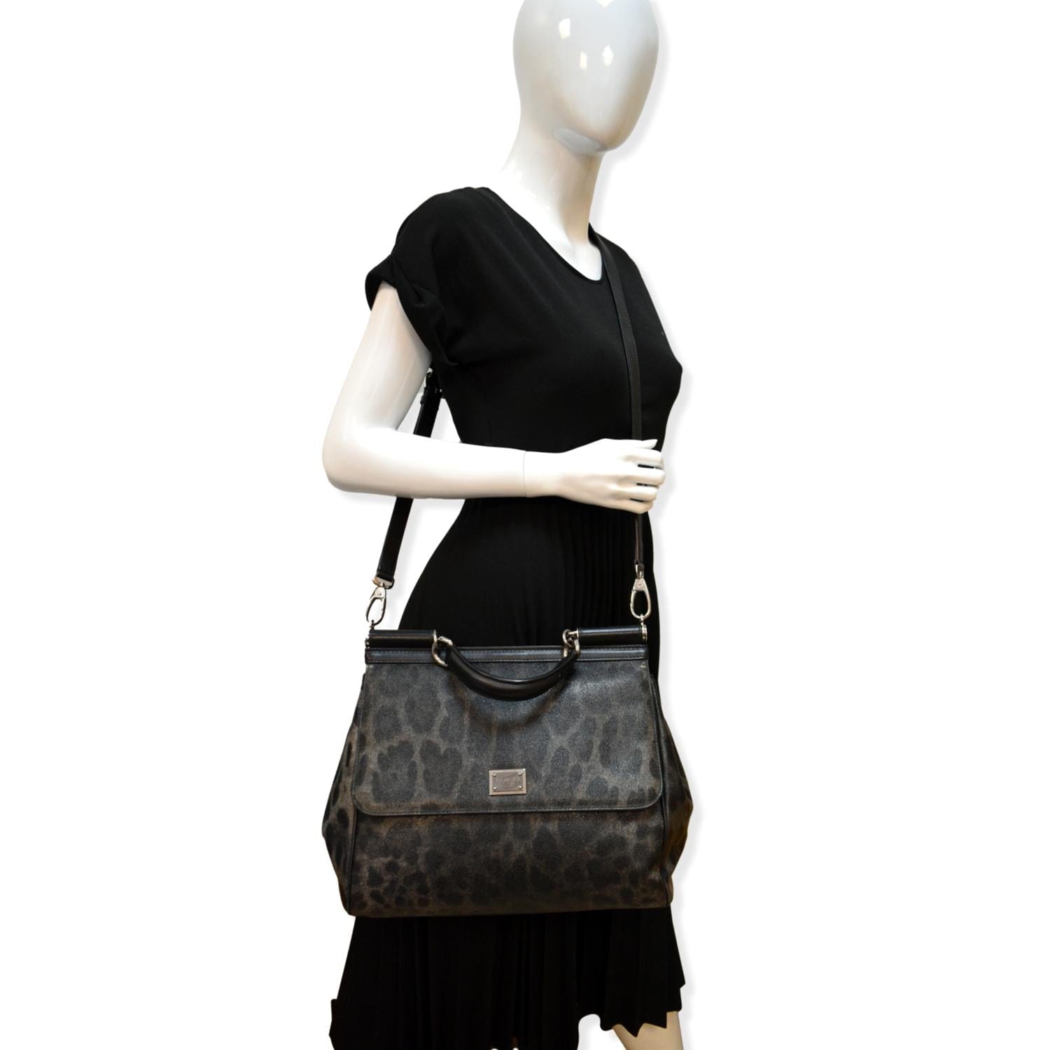 Dolce & Miss Sicily Leopard Print Shoulder Leather Black Shoulder Bag