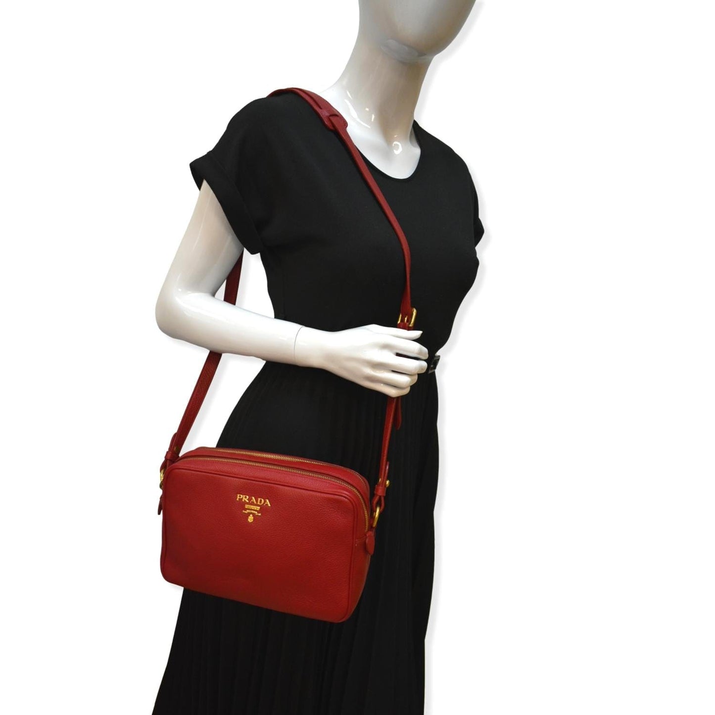 Double Zip Camera Shoulder Bag Leather Red